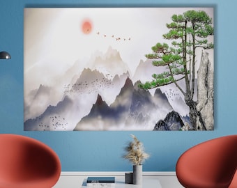 Japanse inkt landschap canvasprint, Aziatische berg kunst aan de muur, zen natuur poster, dennenboom Sumi E decor, rode zon-kunstwerk
