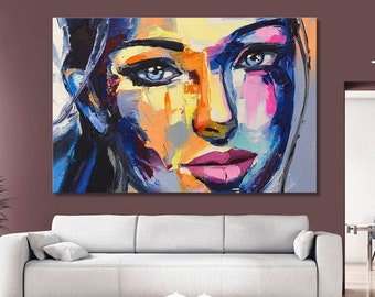 Kleurrijk portret vrouw gezicht: abstracte canvas muurkunst