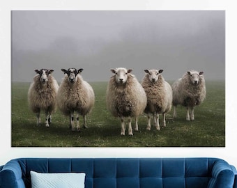Rustic Farmhouse Wall Art, Wooly Sheep Wall Art, Living Room Wall Art, Farmhouse Wall Art, Foggy Sheep Scene, Moody Animal Canvas Print