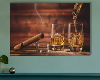 Whiskey And Cigar Wall Art, Rustic Bar Canvas Print, Bourbon Glass Poster, Man Cave Decor, Cigar Lounge Artwork