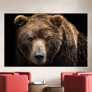 Bear Portrait Canvas Wall Art, Brown Grizzly Bear Poster, Wildlife Cotton Canvas Print for Rustic Cabin Decor, Man Cave Wall Art