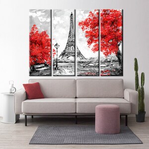Eiffel Tower Canvas Print: Abstract Red Paris Wall Art Set of 4 Panels
