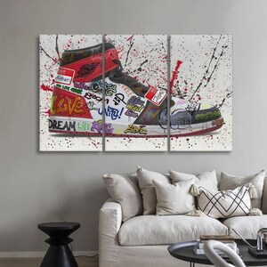 Arte de zapatillas con estilo, arte mural con grafitis, póster de zapatillas, arte mural con grafitis, arte mural moderno, decoración de lienzo, arte mural en lienzo imagen 2