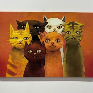 Seis gatos, lienzo de gato lindo, arte de pared de gato, póster de gato, decoración de pared de gato, pintura de gato, impresión de gato, arte de pared de animales, lienzo de animales, impresión abstracta