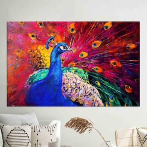 Arte de pared de pavo real colorido, impresión en lienzo de pájaro vibrante, pintura abstracta de animales para decoración de sala de estar o dormitorio.