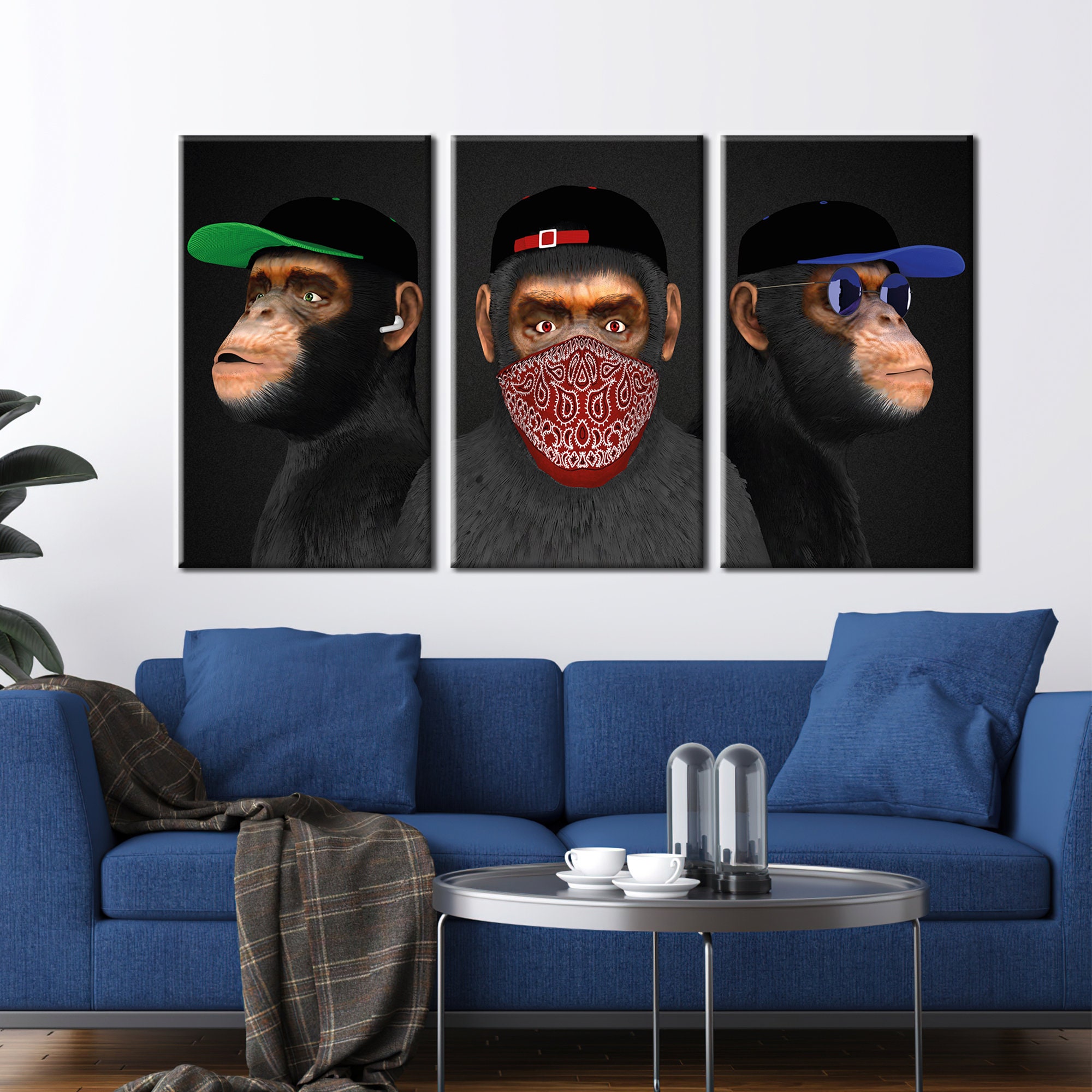 3 Affen Bedruckte Leinwand Dekor Wandbehang Dekor Wand Kunst | Etsy