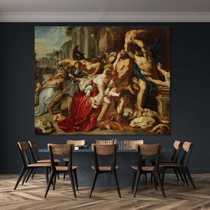 Op de afbeelding: Een schilderij dat een chaotische scène van een groep mensen in een gevecht afbeeldt. Het schilderij is gesitueerd in een stad met gebouwen en kolommen op de achtergrond. De mensen zijn gekleed in verschillende kleding, en sommigen houden wapens vast. Het schilderij is vol actie en beweging, en de kleuren zijn rijk en levendig.