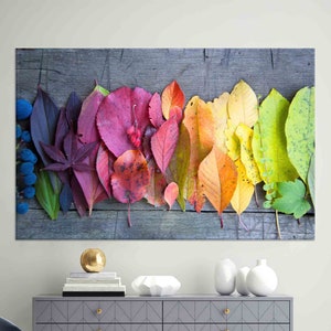 Arte de pared para sala de estar, decoración de pared con hojas, póster de hojas de colores, arte en lienzo con hojas de otoño, decoración con colores de otoño, arte de pared en lienzo, decoración del hogar