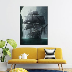 Arte en lienzo de barco fantasma, decoración de pared de barco pirata oscuro, arte de pared de barco pirata fantasma, arte de barco pirata, arte de navegación oscura, arte gótico náutico,