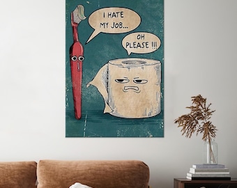 Impresión en lienzo pop art de un divertido cepillo de dientes y papel higiénico: decoración de pared para el baño
