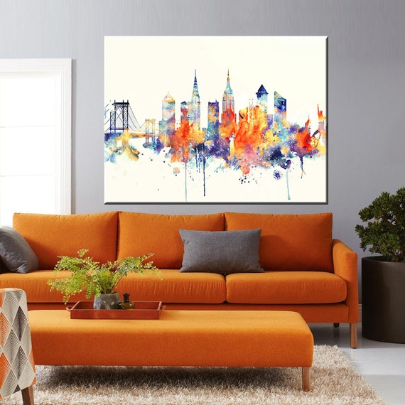 Watercolor New York Skyline Canvas Art: NYC Home Decor