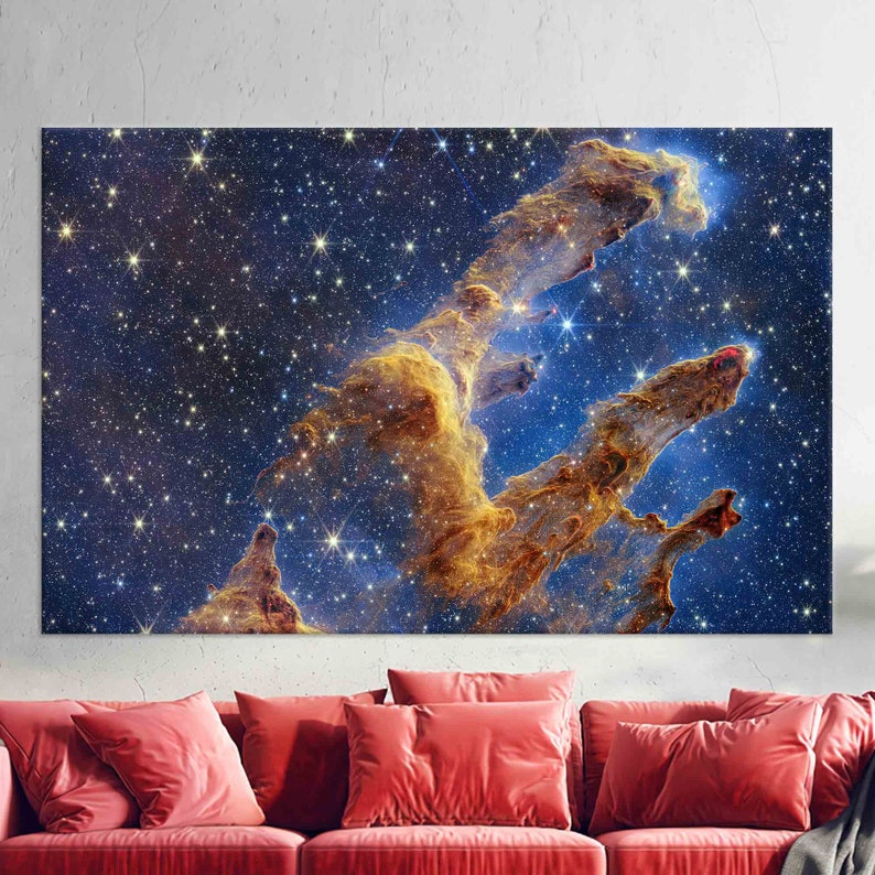 May include: A vibrant, colorful nebula with swirling clouds of gas and dust, illuminated by bright stars. The nebula is a deep blue color with streaks of gold and red.
