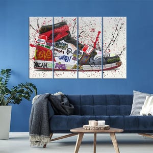 Arte de zapatillas con estilo, arte mural con grafitis, póster de zapatillas, arte mural con grafitis, arte mural moderno, decoración de lienzo, arte mural en lienzo imagen 3