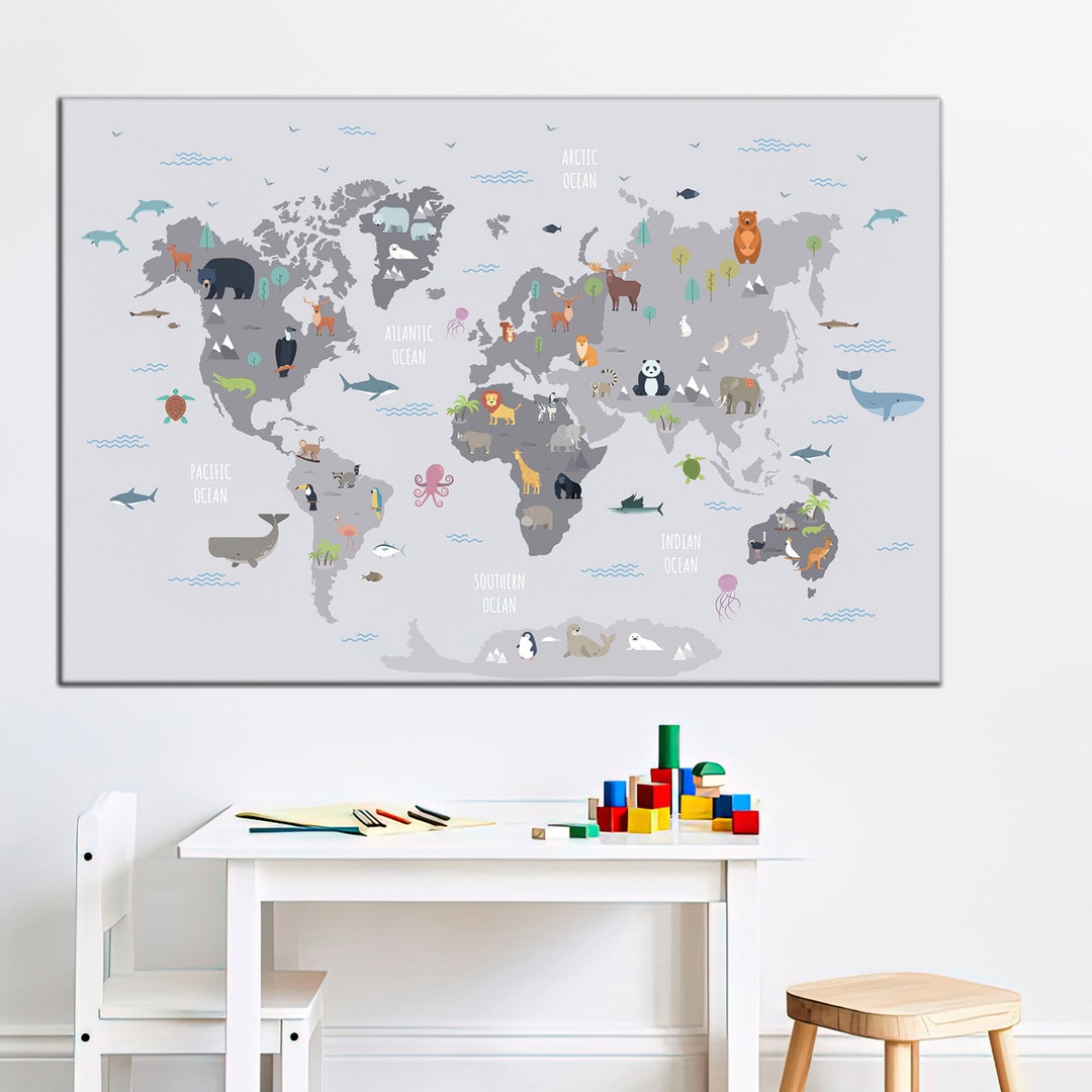 Animal World Map Canvas Print: Educational Nursery Kids Decor - Etsy