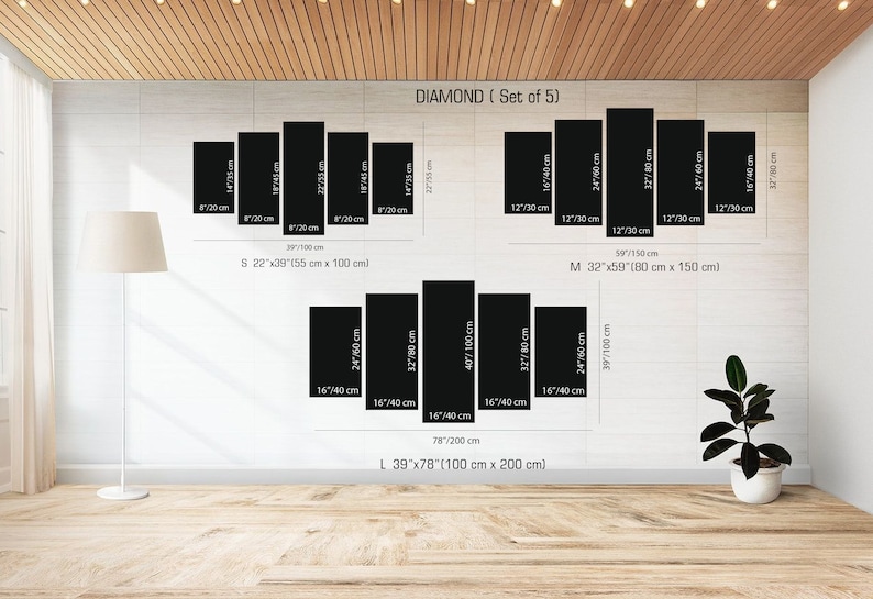 Puede incluir: Un diagrama que muestra diferentes tama&ntilde;os de un conjunto de cinco impresiones en lienzo llamado "DIAMOND". Los tama&ntilde;os est&aacute;n etiquetados como "S", "M" y "L" con medidas en pulgadas y cent&iacute;metros. El conjunto est&aacute; disponible en tres tama&ntilde;os: 22" x 39" (55 cm x 100 cm), 32" x 59" (80 cm x 150 cm) y 39" x 78" (100 cm x 200 cm).