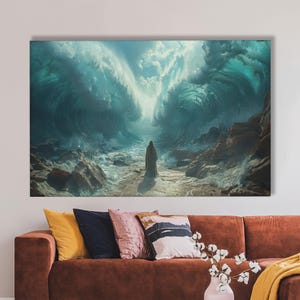 Moses Trennt das Meer Leinwand Wandkunst, Epische Biblische Szene Poster Druck, Spirituelles Ozean Wunder Dekor, Religiöses Kunstwerk für Treue Häuser