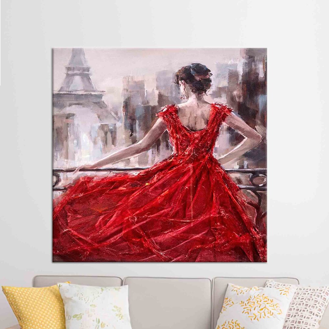 Paris Eiffel Tower Canvas Print: Woman in Red Dress Wall Art - Etsy