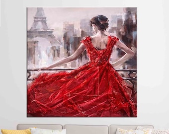 Paris Eiffel Tower Canvas Print: Woman in Red Dress Wall Art