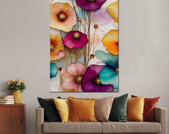May include: Abstract watercolor painting of colorful flowers with pink, purple, blue, yellow, and orange hues. The flowers are painted in a realistic style with soft edges and a watercolor wash.