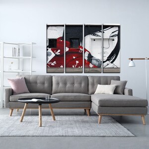 May include: A four-panel canvas print featuring a black and white graffiti mural of a woman's face with red accents. The woman is looking directly at the viewer. The mural is on a white brick wall.