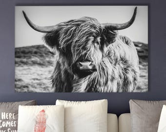 Highland Cow Canvas Print, Black And White Farmhouse Wall Art, Rustic Animal Poster, Scottish Cow Decor, Country Wall Art