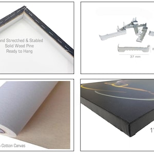 Puede incluir: Primer plano de una impresi&oacute;n en lienzo estirada sobre un marco de madera maciza de 2,5 cm de grosor. El lienzo es 100 % algod&oacute;n y est&aacute; estirado y grapado a mano. El marco est&aacute; listo para colgar e incluye anillas en D y ganchos de sierra.