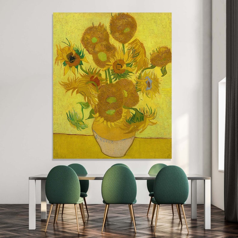 May include: A painting of a vase filled with sunflowers. The sunflowers are yellow with brown centers and are arranged in a loose, natural way. The vase is a simple white ceramic with a yellow base. The background is a bright yellow.