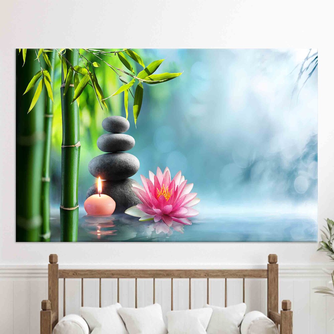 Zen Canvas Wall Art: Waterlily, Bamboo & Stone Print - Etsy