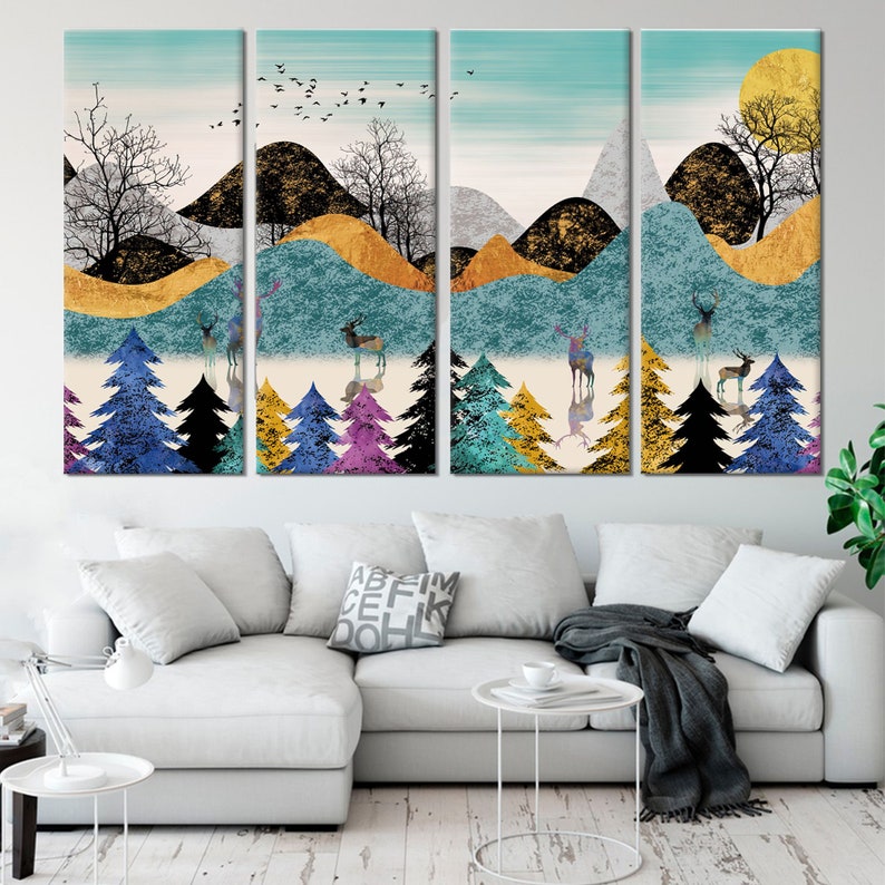 Abstract Landscape Wall Art, Landscape Canvas, Wall Art Canvas, Abstract Wall Art, Nature Wall Art, Forest Canvas, Mountain Wall Art, Canvas Set of 4 Panels