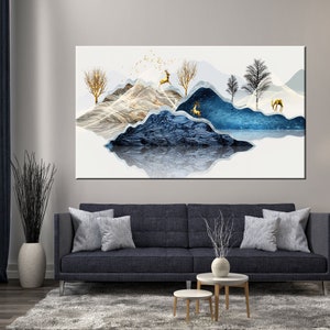 Yellow Tree and Deer on the Mountain, Decor Abstract Art, Digital Painting Art, Deer Abstract Art, Blue Mountain Wall Art, Nature Forest Art
