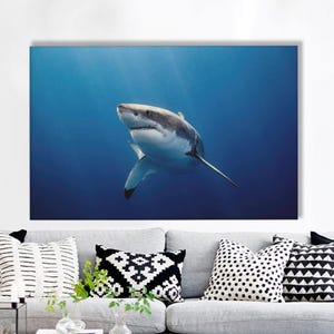 Lienzo decorativo de tiburón blanco: póster de vida silvestre de las profundidades marinas, impresión de depredador marino azul para decoración de baño náutico o casa de playa.
