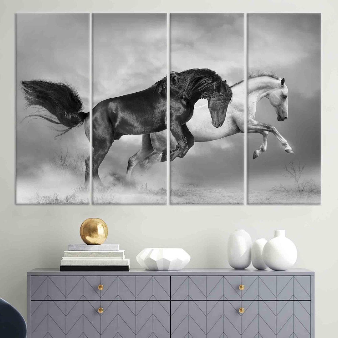 Black and White Running Horses Canvas Print: Modern Equine Wall Art - Etsy