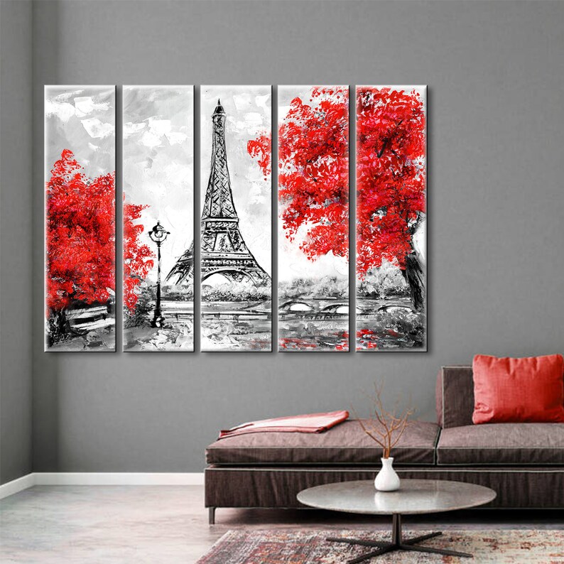 Eiffel Tower Canvas Print: Abstract Red Paris Wall Art Set of 5 Panels