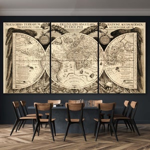 Antieke wereldkaart, wereldkaart Noua Orbis, vintage decorkaart, historische kaart, kaart antieke stijl, kunst aan de muur woonkamer, kunst aan de muur wereldkaart, canvas
