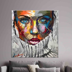 Retrato de mujer colorido en lienzo, pintura abstracta de rostro femenino, decoración de pared expresionista moderna, obra de pinceladas de colores vibrantes