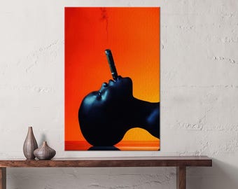 Bold Afro Woman Canvas Art: Black Beauty with Cigar, Vibrant Orange Decor