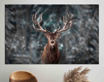 Wild Deer Wall Decor, Winter Deer Canvas, Animal Wall Art, Wild Stag Canvas, Forest Landscape Art, Rustic Wildlife Canvas, Deer Wall Decor