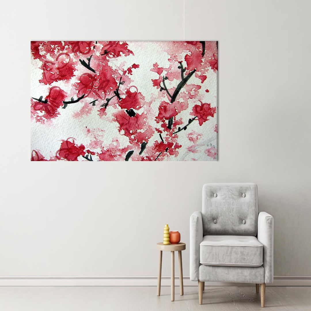 Red Blossom Canvas Art: Japanese Floral Wall Decor - Etsy