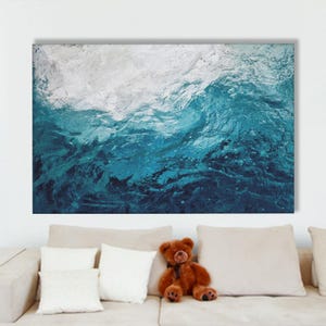 Blaue Meereswellen Abstrakte Leinwand Wandkunst, Blaue Wasser Textur Poster, Küsten Meeresbewegung Druck, Moderne Strand Dekoration für Zuhause oder das Büro
