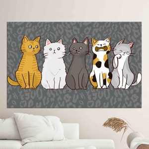 Leuke cartoon katten muurkunst, grappige kat illustratie canvas, grillige kat poster voor dierenliefhebbers en kinderkamer decor, trendy muurkunst