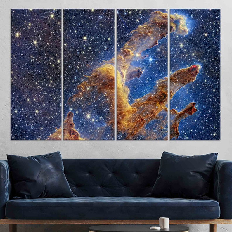 May include: A multi-panel canvas print featuring a vibrant nebula with swirling orange and yellow gas clouds against a deep blue starry background.