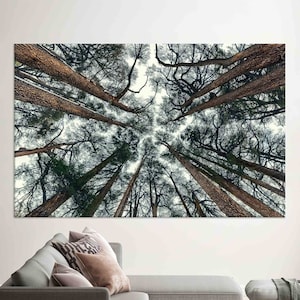 Arte mural con vista al bosque, póster de árboles altos, impresión en lienzo con fotografía de naturaleza, decoración vertical de bosque en algodón, decoración de pared grande
