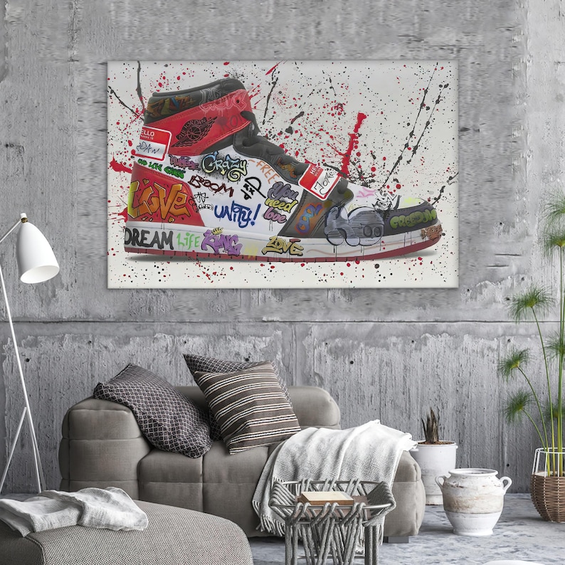 Arte de zapatillas con estilo, arte mural con grafitis, póster de zapatillas, arte mural con grafitis, arte mural moderno, decoración de lienzo, arte mural en lienzo imagen 1