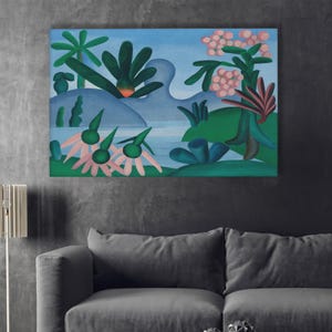 May include: A colorful landscape painting featuring stylized flora and a body of water. The artwork showcases green, pink, and blue hues, with prominent flowers and lush foliage. The painting is mounted on a wall above a gray sofa.