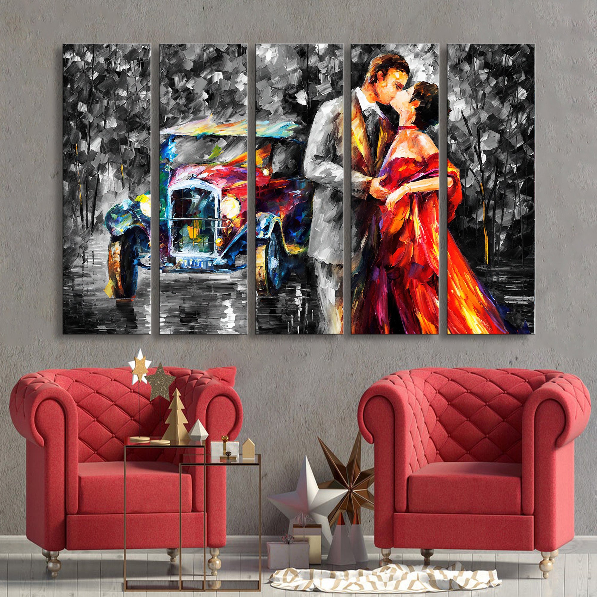 Kiss at starry night - pop art painting on large canvas, kissing