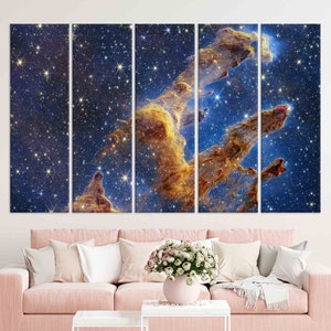 May include: A multi-panel canvas print featuring a vibrant nebula with swirling clouds of gas and dust in shades of blue, gold, and white against a dark blue background dotted with stars.