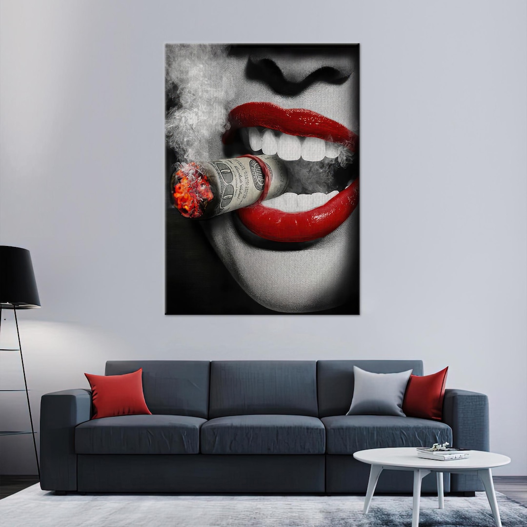 Woman Canvas Art, Smoking Woman Art, Money Cigar Decor, Woman With Red ...