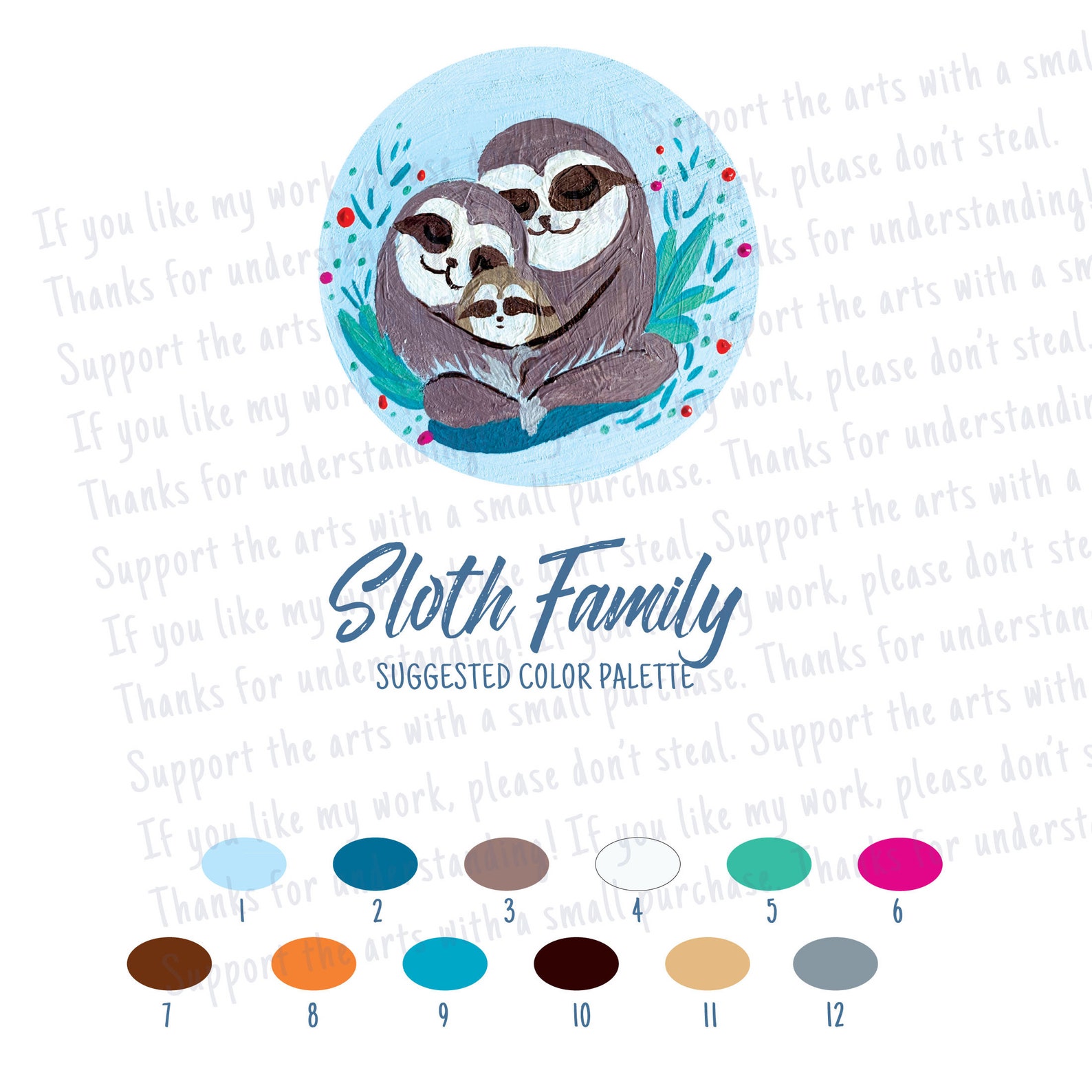 Sloth Family Color by Number Guide / Digital Art Print | Etsy