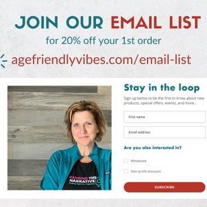 May include: A woman smiles at the camera while wearing a teal blue sweatshirt with the text "Hanging the Narrative" in white. The image is a screenshot of a website with a form to join an email list for 20% off the first order. The form asks for the user's first name and email address and offers the option to receive information about wholesale and non-profit discounts.