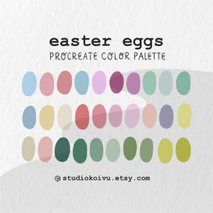 Könnte beinhalten: Eine digitale Ostereier-Farbpalette für Procreate. Das Bild zeigt ein Raster von 24 ovalförmigen Farbfeldern in Pastelltönen von Blau, Rosa, Grün, Lila und Gelb. Der Text oben lautet "easter eggs PROCREATE COLOR PALETTE". Der Etsy-Shop-Name steht unten.